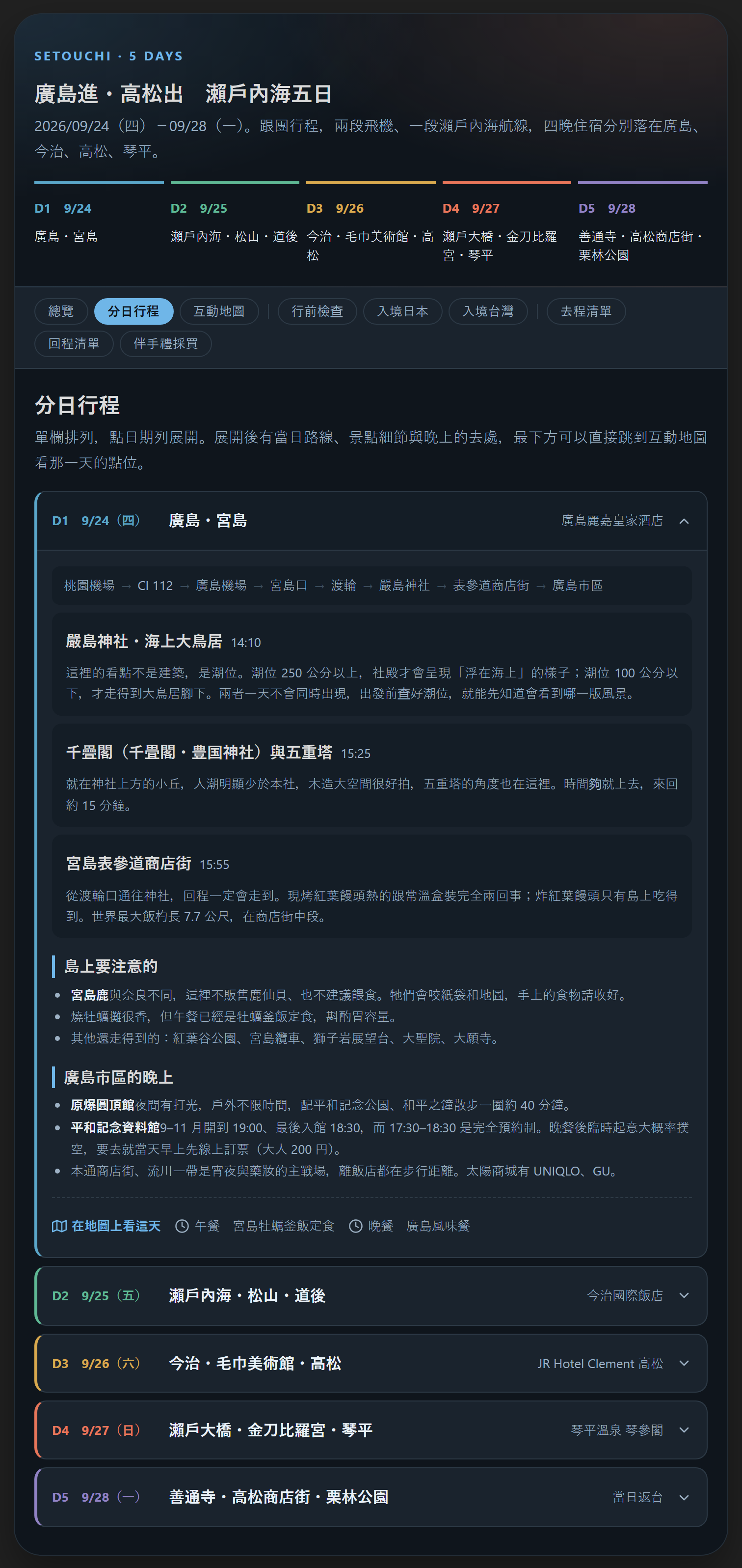新版的「分日行程」分頁,D1 展開的狀態