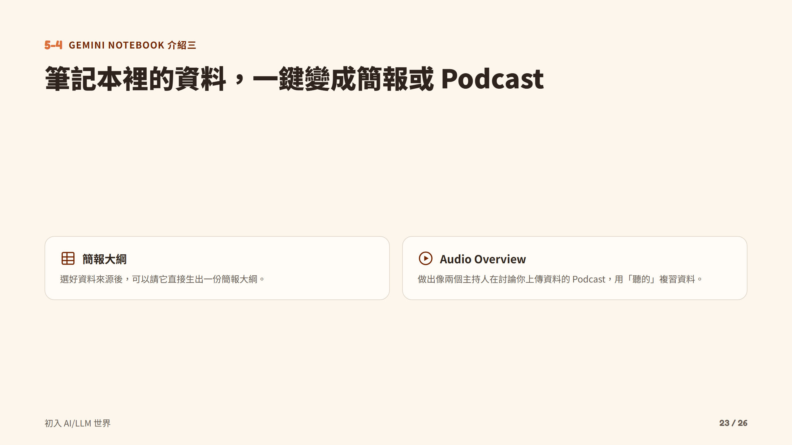 筆記本裡的資料，一鍵變成簡報或 Podcast